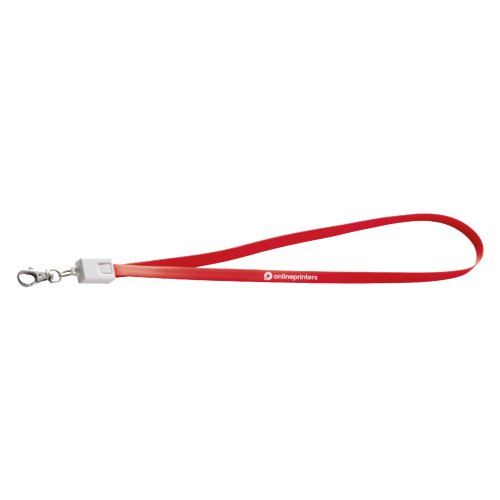 Rotes Polyester-Lanyard mit Karabinerhaken und integriertem Universalladekabel.