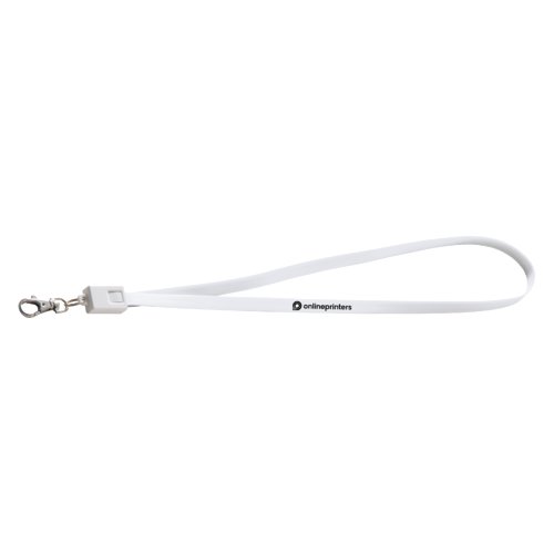 Weies Polyester-Lanyard mit Karabinerhaken und Universalladekabel.