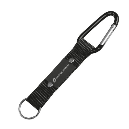 Schwarzer Stoff-Schlsselanhnger mit Karabiner und Schlsselring.