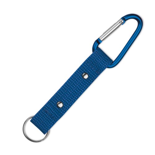 Blauer Stoff-Schlsselanhnger mit Karabiner und Metallring.