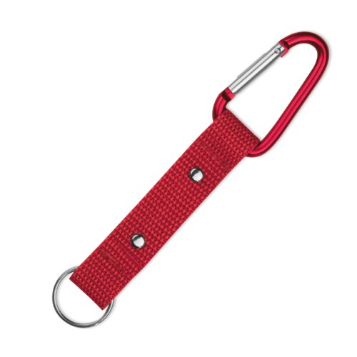 Roter Textil-Schlsselanhnger mit Karabiner und Metallring.
