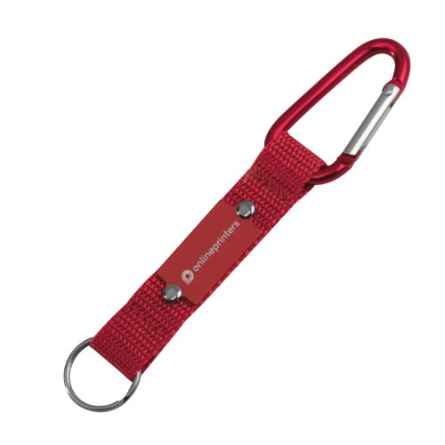 Roter Textil Schlsselanhnger mit Karabinerhaken und Metallring.