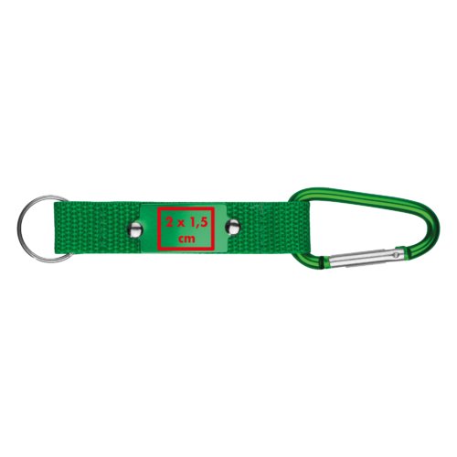 Grner Textil-Schlsselanhnger mit Karabiner und Metallring.