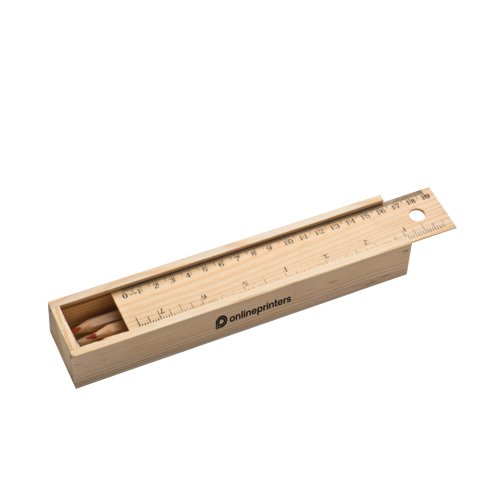 Braunes Holz Zeichenset mit Lineal und Stiften.