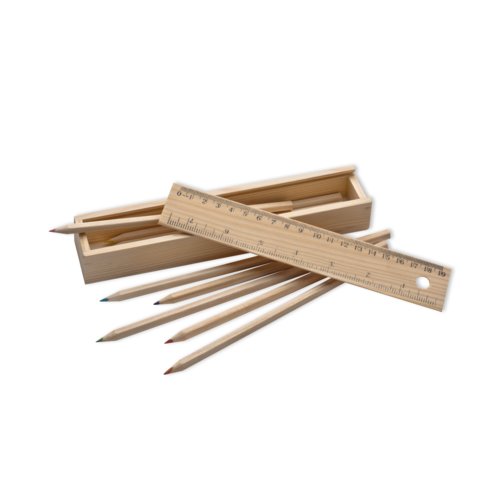 Holz Zeichenset mit Farbstiften, Lineal und Schiebedeckelbox.