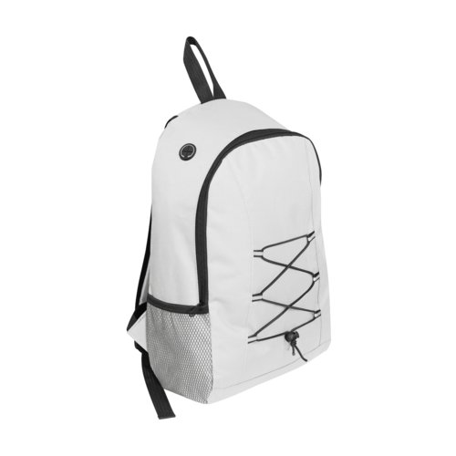 Wei�er Rucksack mit Seitentasche und elastischer Kordel.