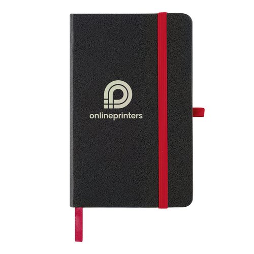 Rotes Notizbuch mit Gummibandverschluss und Leseband.