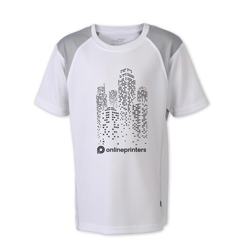 Wei�es Kinder-Laufshirt aus Polyester mit kurzen �rmeln.