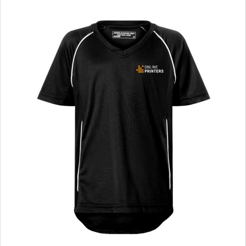 Schwarz-weies Kinder-Teamshirt aus Polyester mit V-Ausschnitt.