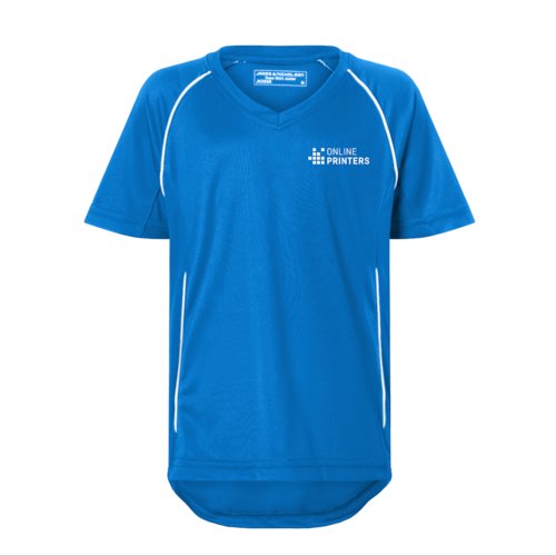 Royalblaues/Weies Polyester-T-Shirt mit V-Ausschnitt fr Kinder.