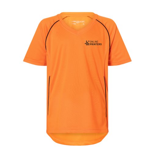 Orangefarbenes Kinder-T-Shirt aus Polyester mit kurzen rmeln.