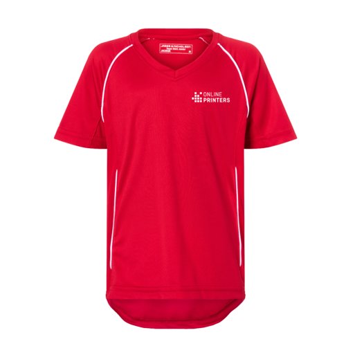 Rotes Polyester-T-Shirt fr Kinder mit V-Ausschnitt und kurzen rmeln.