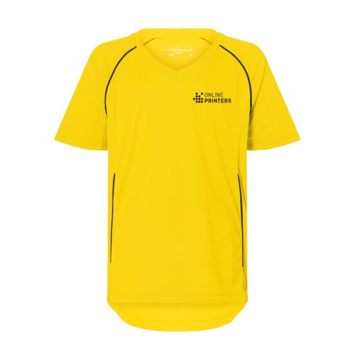 Gelbes Kinder-Teamshirt aus Polyester mit V-Ausschnitt und kurzen rmeln.