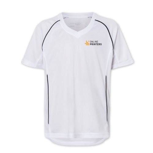 Weies Polyester-T-Shirt mit kurzen rmeln.