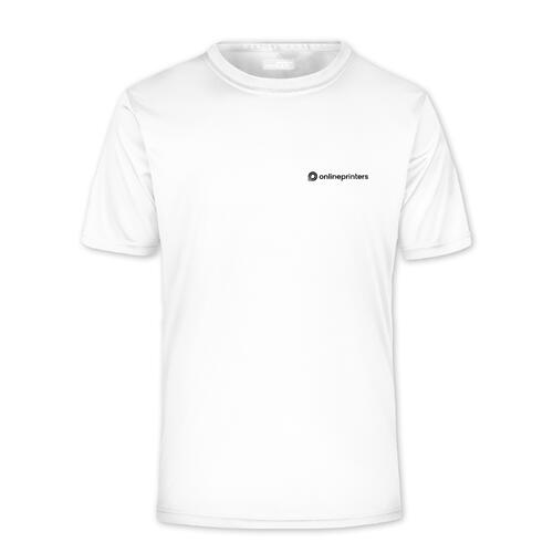 Wei�es Polyester T-Shirt f�r Herren mit kurzen �rmeln.