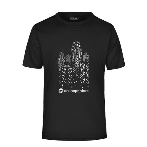 Schwarzes Polyester T-Shirt mit kurzen �rmeln.