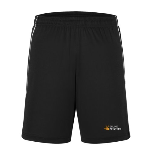 Schwarz-weie Polyester-Shorts mit elastischem Bund und Kordelzug.