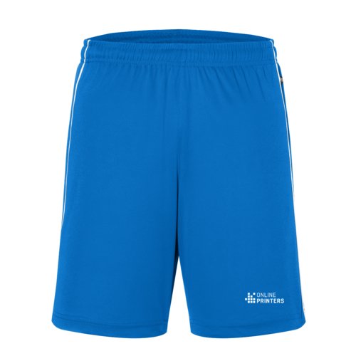 Blaue Polyester-Shorts mit elastischem Bund und Kordelzug.