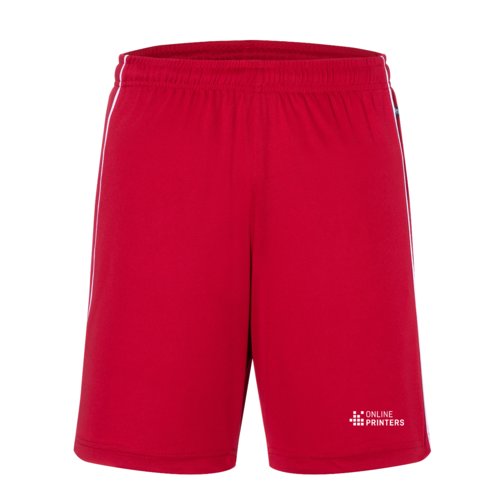 Rote Polyester-Shorts mit elastischem Bund und weien Akzentstreifen.
