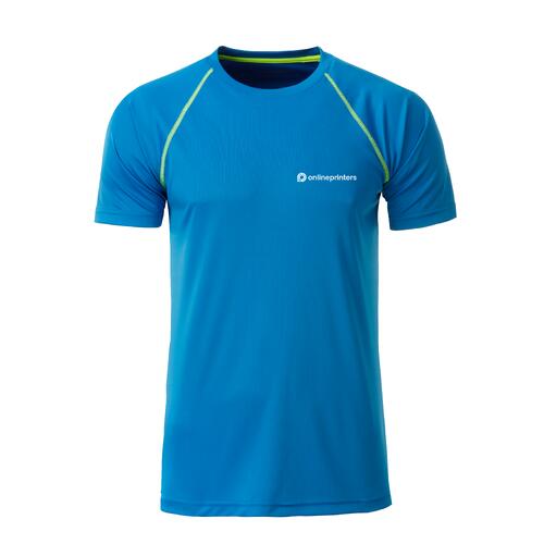 Blaues Polyester T-Shirt mit kurzen �rmeln.