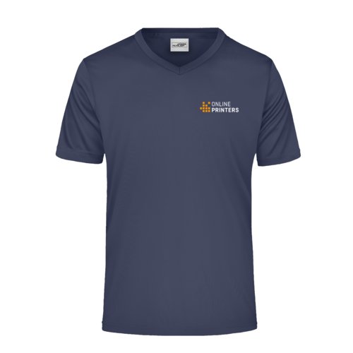 Schwarzblaues Polyester V-Shirt mit kurzen rmeln.