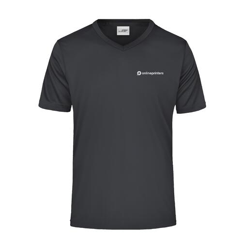 Schwarzes Polyester V-Ausschnitt T-Shirt mit kurzen �rmeln.
