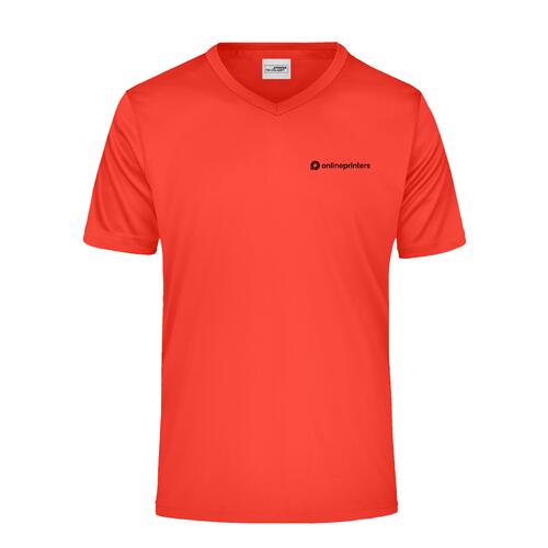 Rotes Polyester V-Shirt mit kurzen �rmeln.