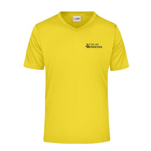 Gelbes Polyester V-Shirt mit kurzen �rmeln.