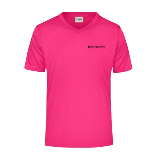 Pinkes Polyester V-Shirt f�r Herren mit kurzen �rmeln.