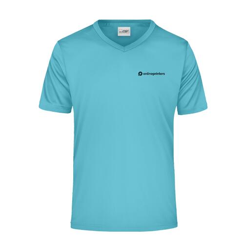 T�rkisfarbenes Polyester V-Shirt f�r Herren.