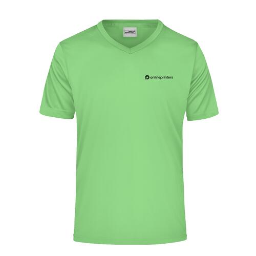 Apfelgr�nes Polyester V-Shirt mit kurzen �rmeln.