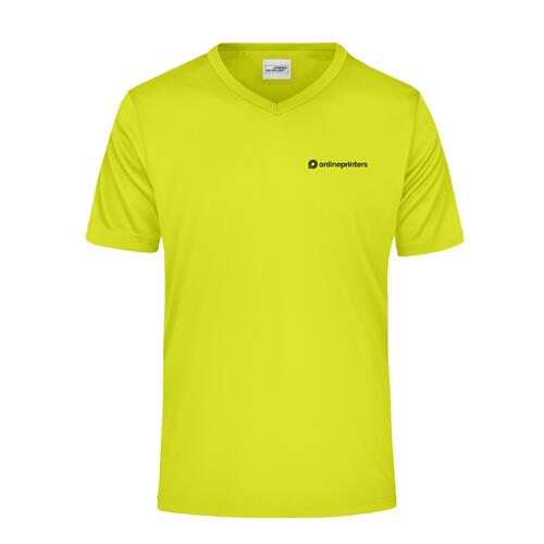 Neongelbes Polyester V-Shirt f�r Herren mit kurzen �rmeln.