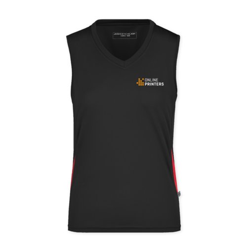 Schwarz-rotes Tanktop aus Polyester mit V-Ausschnitt fr Damen.
