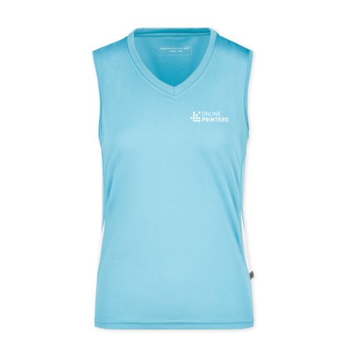 Hellblaues Damen Tanktop aus Polyester mit V-Ausschnitt.