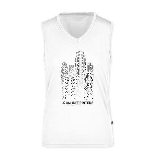 Weisses Polyester Tanktop fr Damen mit V-Ausschnitt.