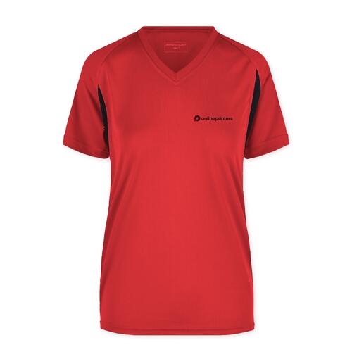 Rotes Funktionsshirt aus Polyester f�r Damen mit V-Ausschnitt und kurzen �rmeln.
