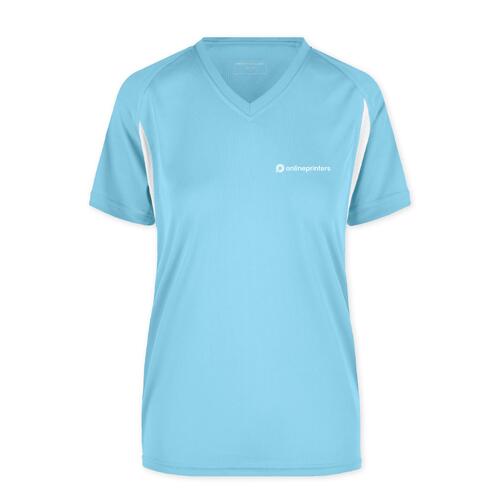 Hellblaues Funktionsshirt aus Polyester mit V-Ausschnitt und kurzen �rmeln.