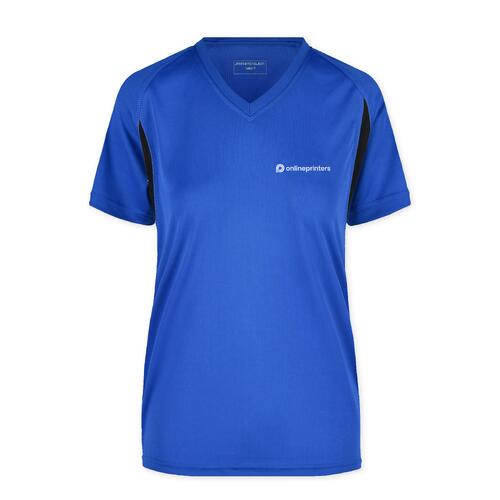 Royalblaues Funktionsshirt aus Polyester f�r Damen mit V-Ausschnitt.