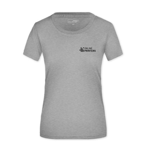 Grau meliertes Polyester T-Shirt fr Damen mit kurzen rmeln.