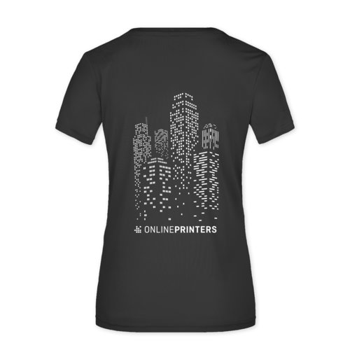 Schwarzes Damen T-Shirt aus Polyester mit kurzen rmeln.