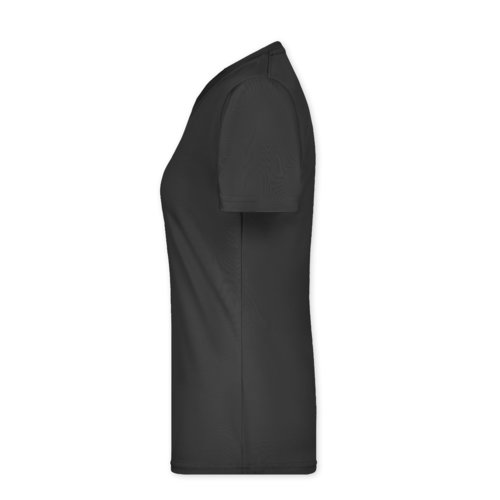 Schwarzes Polyester T-Shirt fr Damen mit kurzen rmeln.