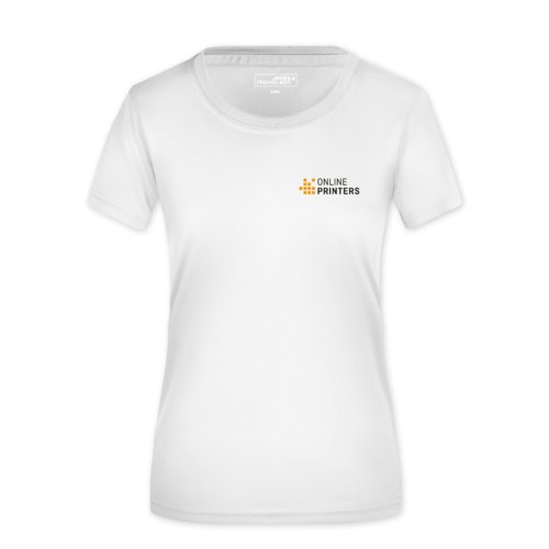 Weies Polyester T-Shirt fr Damen mit kurzen rmeln.