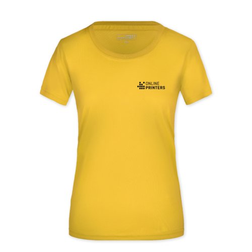 Gelbes Polyester-T-Shirt fr Damen mit kurzen rmeln.