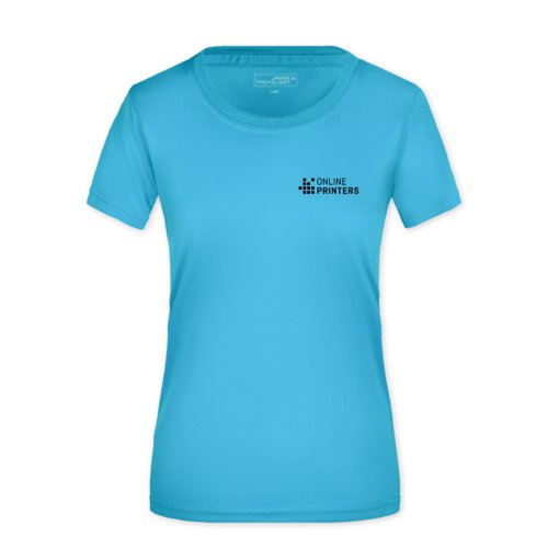 Trkisfarbenes Polyester T-Shirt fr Damen, atmungsaktiv.