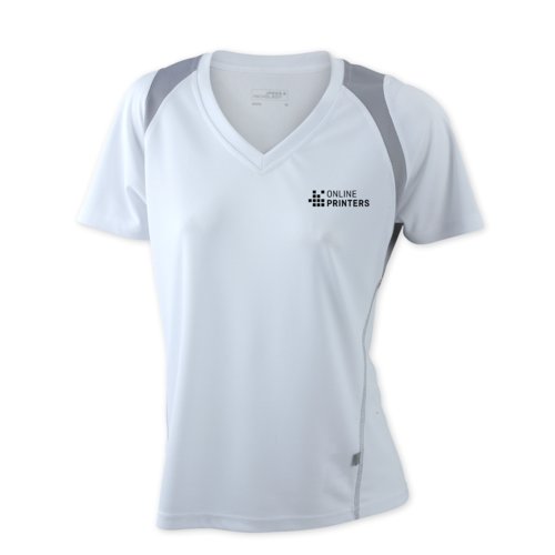 Weies Damen-Laufshirt aus Polyester mit V-Ausschnitt.