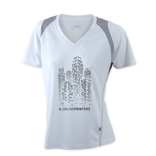 Weies Polyester-Laufshirt fr Damen mit V-Ausschnitt und kurzen rmeln.