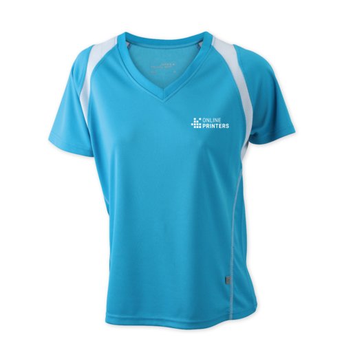 Hellblaues Funktions-Shirt aus Polyester fr Damen mit V-Ausschnitt.