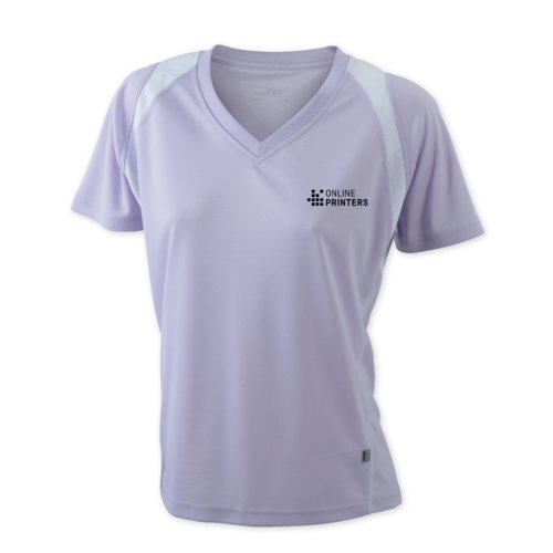Lila Damen-Laufshirt aus Polyester mit V-Ausschnitt und kurzen rmeln.