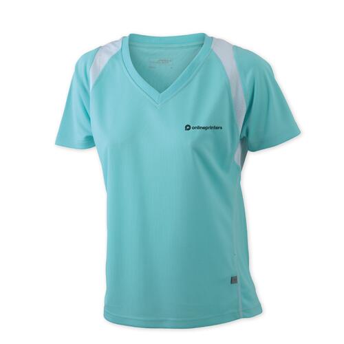 Mintgr�nes Damen-Laufshirt aus Polyester mit V-Ausschnitt.
