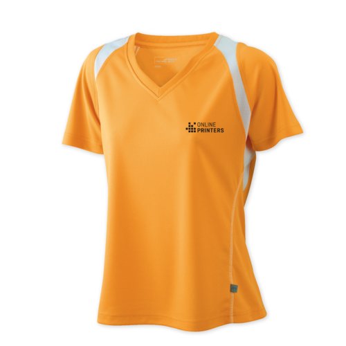 Orangefarbenes Damen-Laufshirt aus Polyester mit V-Ausschnitt.